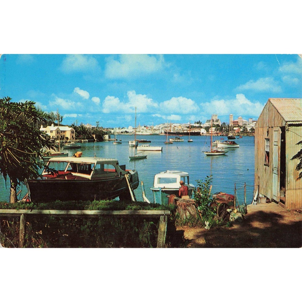 Vintage Bermuda Postcard Red Hole Paget Harbor Boats Hamilton Skyline Chrome #21